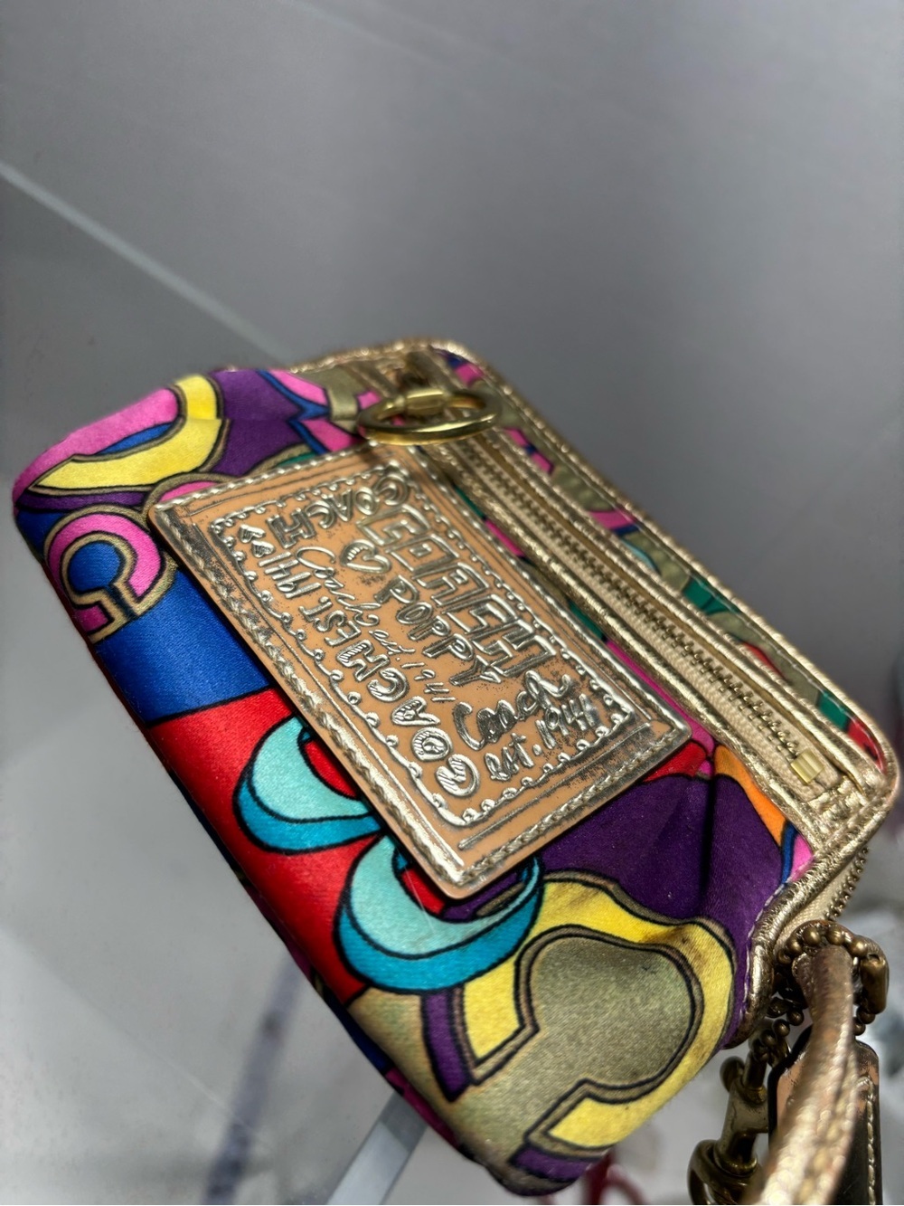 Vintage Coach Poppy Multicolor Satin Wristlet with Gold Trim Y2K Retro